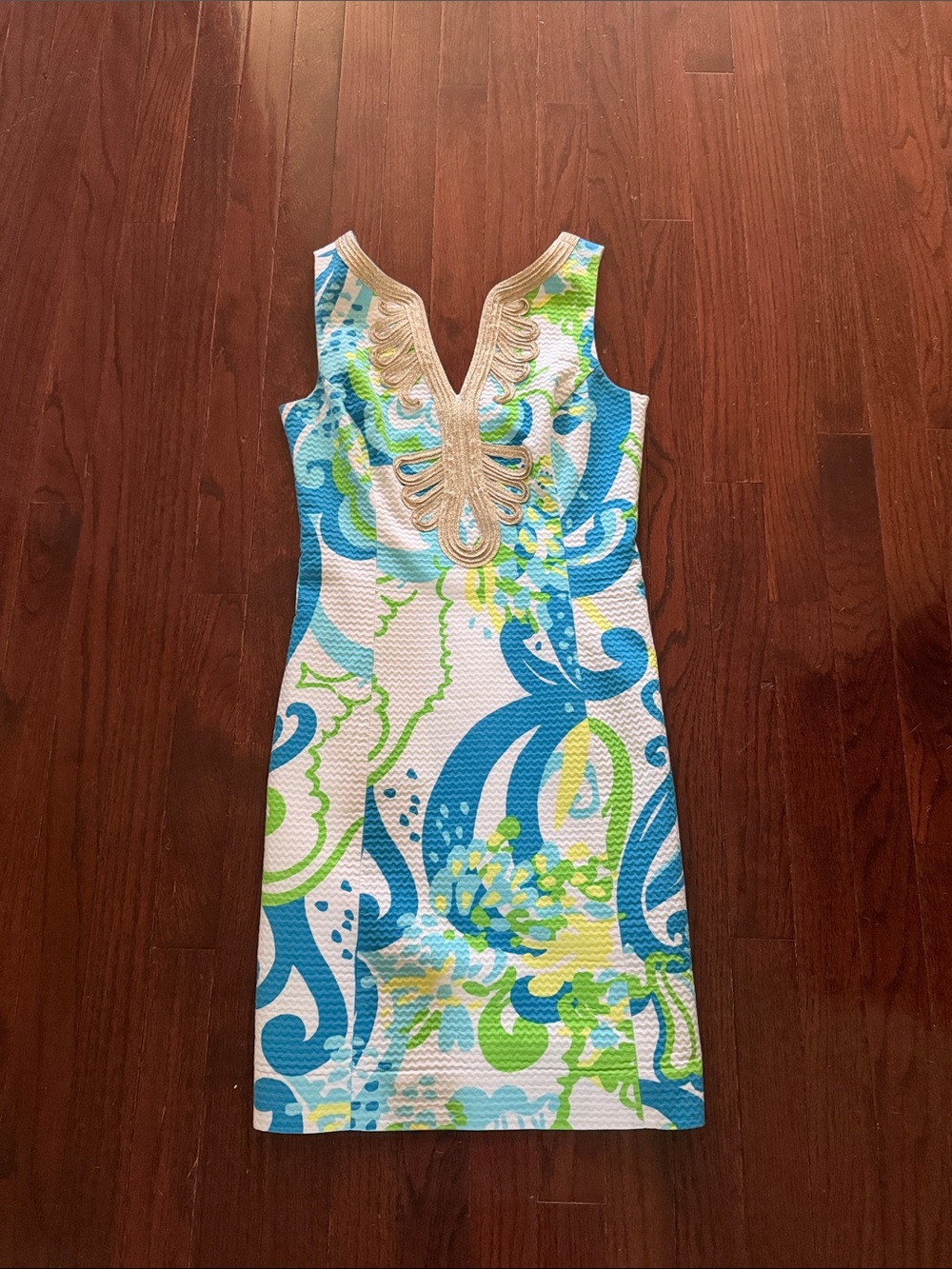 Lilly Pulitzer Blue, Green & White Sleeveless V-Neck Mini Dress